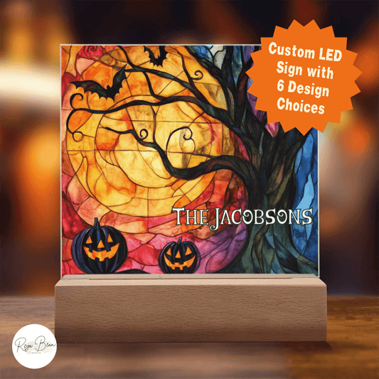 Custom Faux Stained Glass Halloween LED Light Up Acrylic Square Plaque, Personalized Halloween Decor Sign, Family Name Gift Lighted Sign