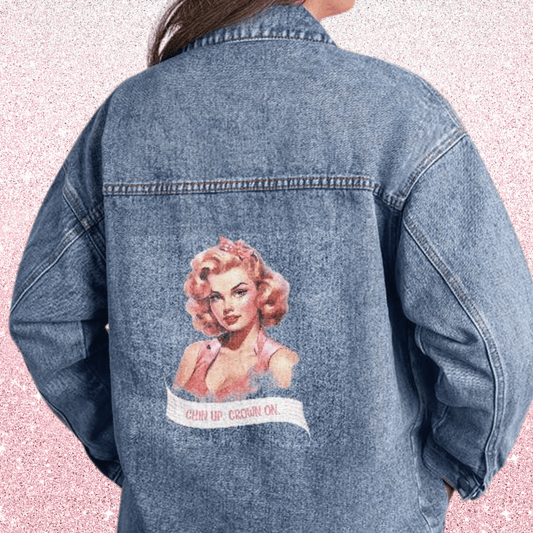 Chin Up Crown On Retro Pinup Women's Oversized Jean Jacket