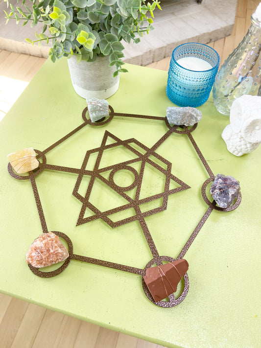 Metatron's Cube Sacred Geometry - Wire-wrapped Raw Chakra Crystals Metal Wall Art