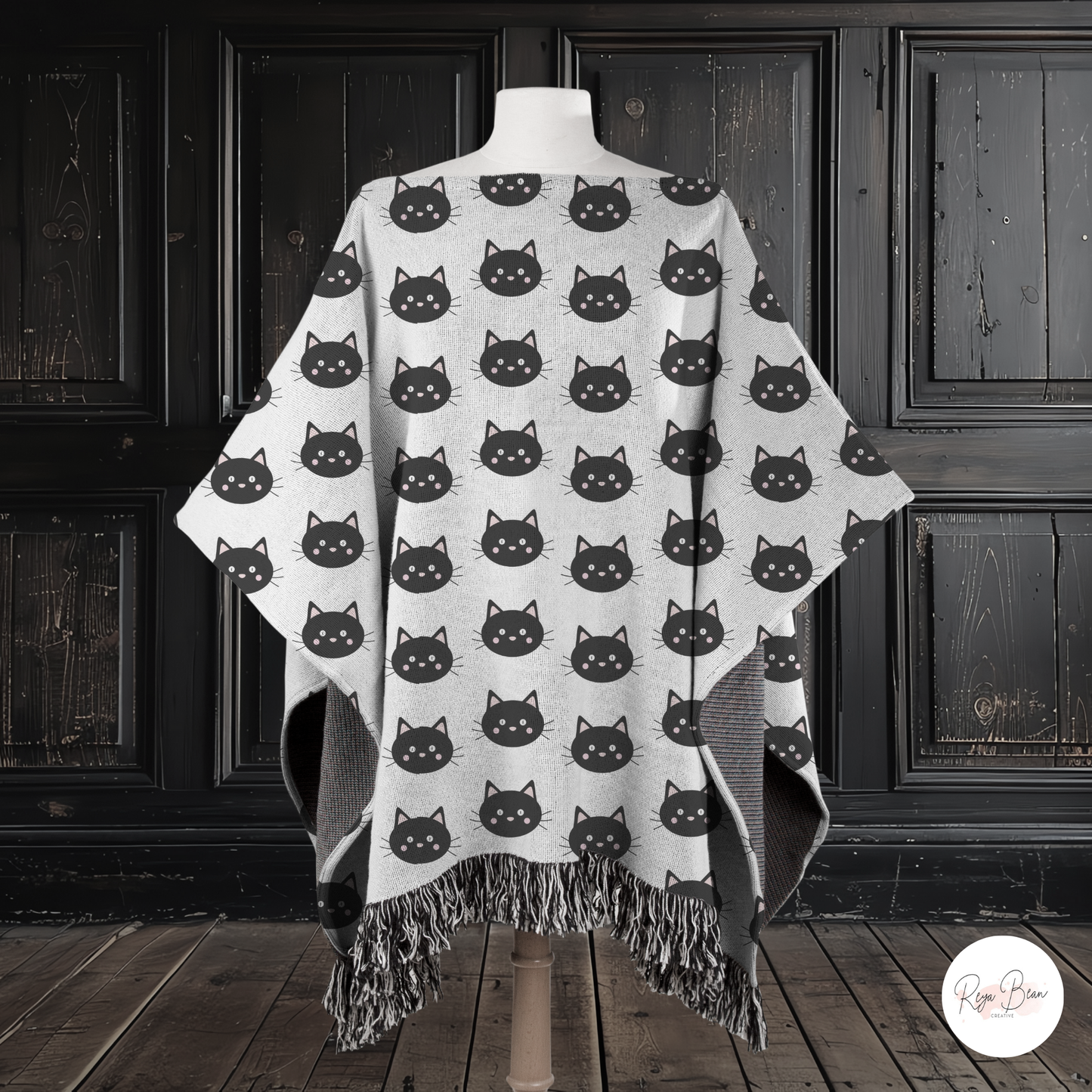 Cute Cat Poncho, Woven Cotton Wearable Black Kitty Blanket, Cute Halloween Minimalist Poncho Cozy Gift for Cat Lover, Unisex 50" x 60"