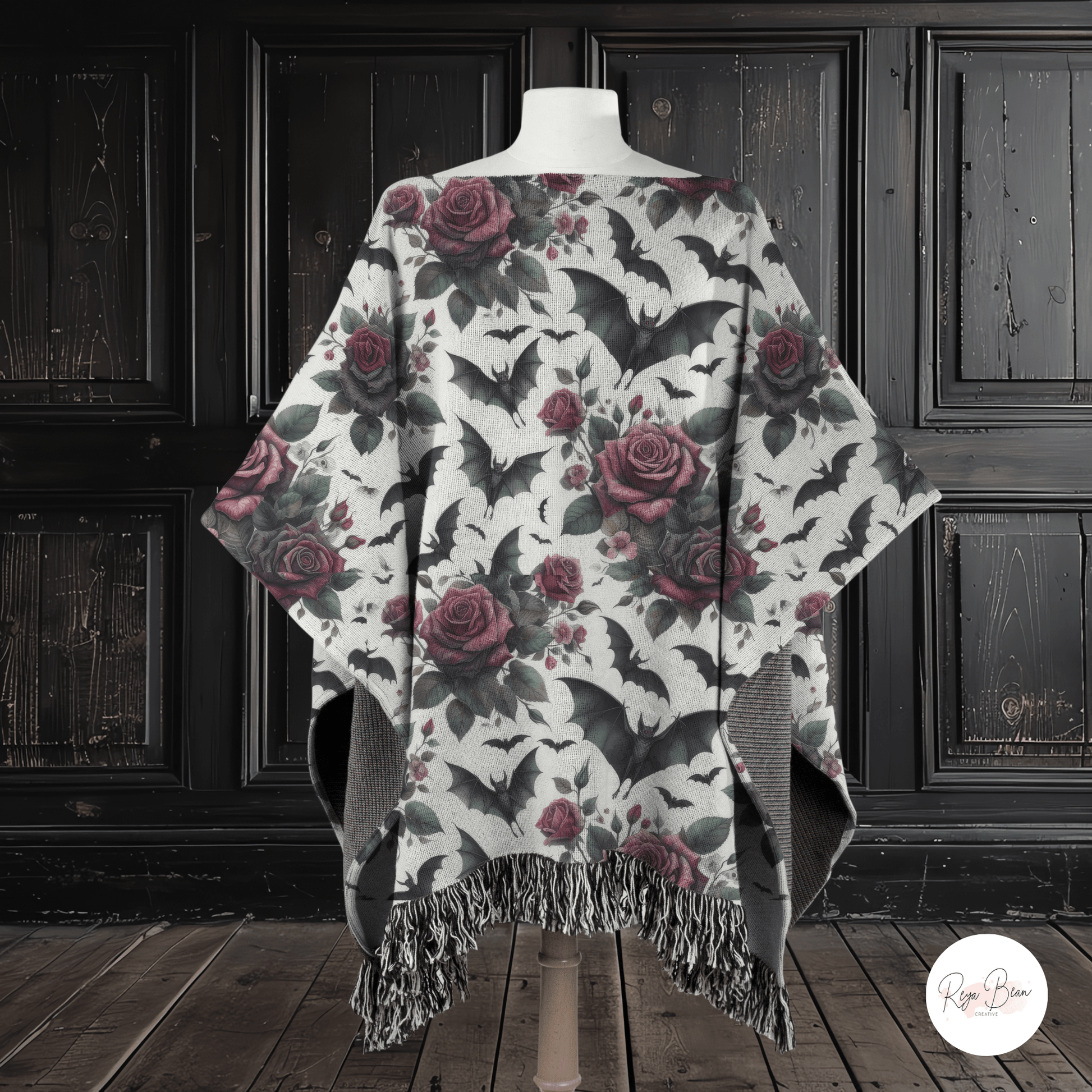 Goth Roses Poncho, Whimsigoth Woven Cotton Wearable Gothic Blanket, Dark Cute Halloween Bats Poncho Cozy Bats Gift for Her, Unisex 50" x 60"