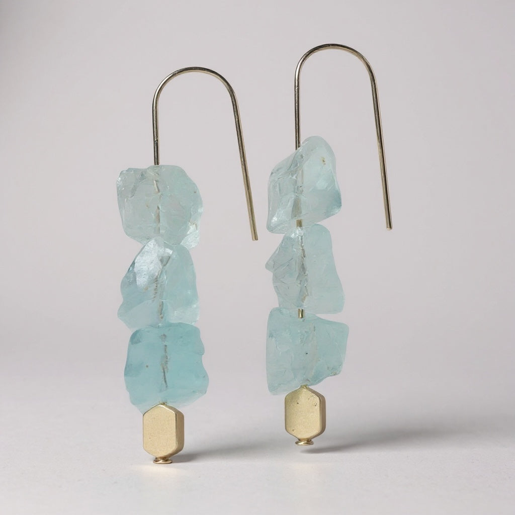 Aquamarine Gold Dangle Earrings 2.25"