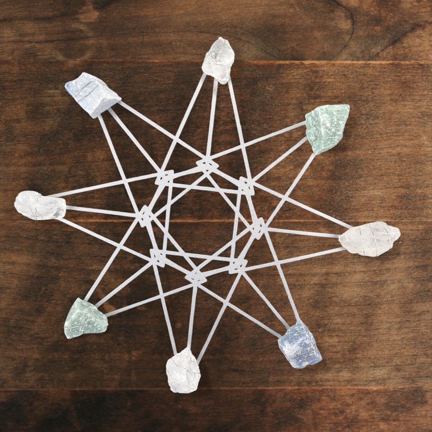 Quartz Aventurine Sacred Geometry Wall Art - Wire-wrapped Raw Crystal Grid 12"
