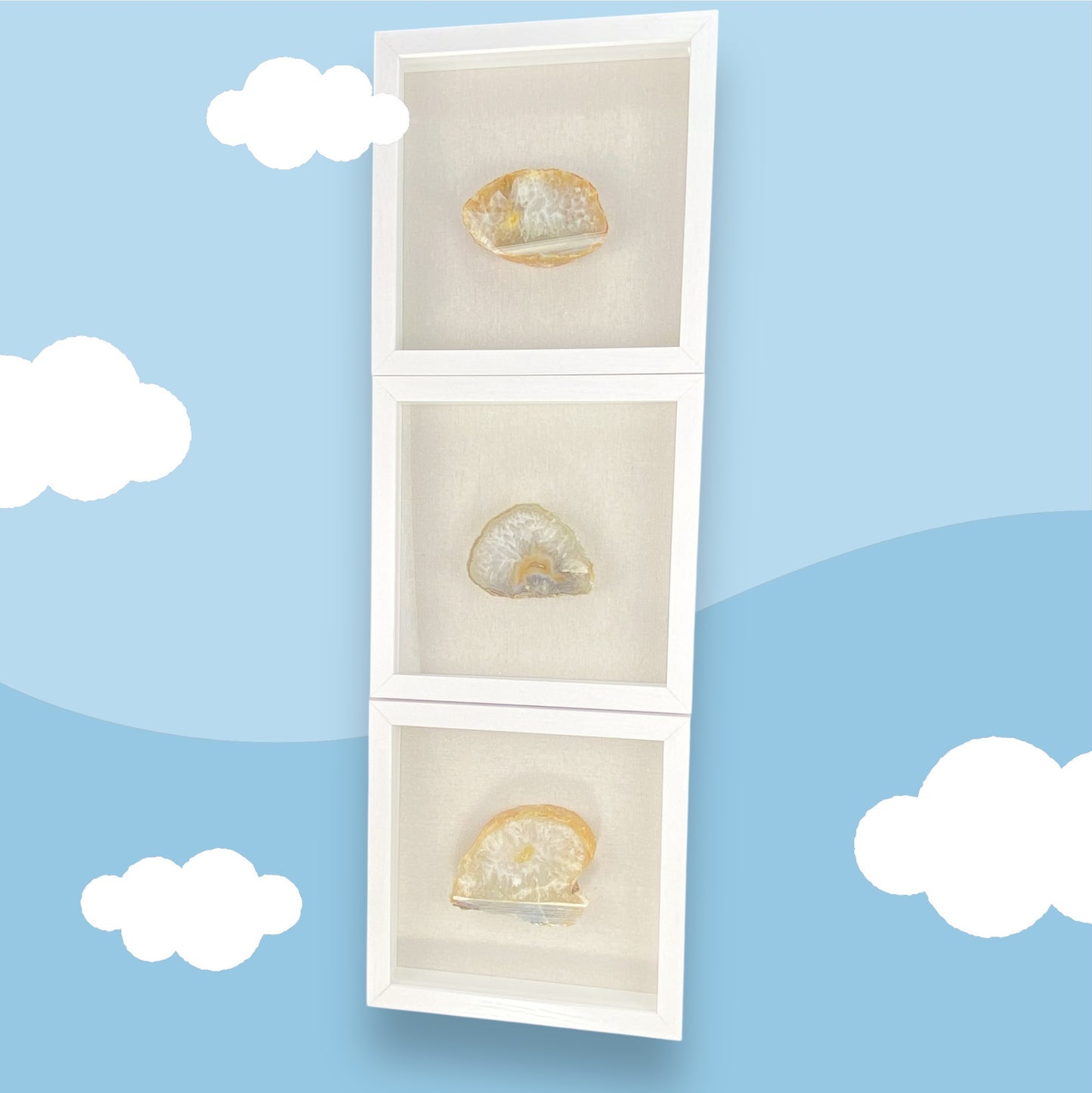 Set of 3 Framed Yellow Agates - White 9 x 9" Each