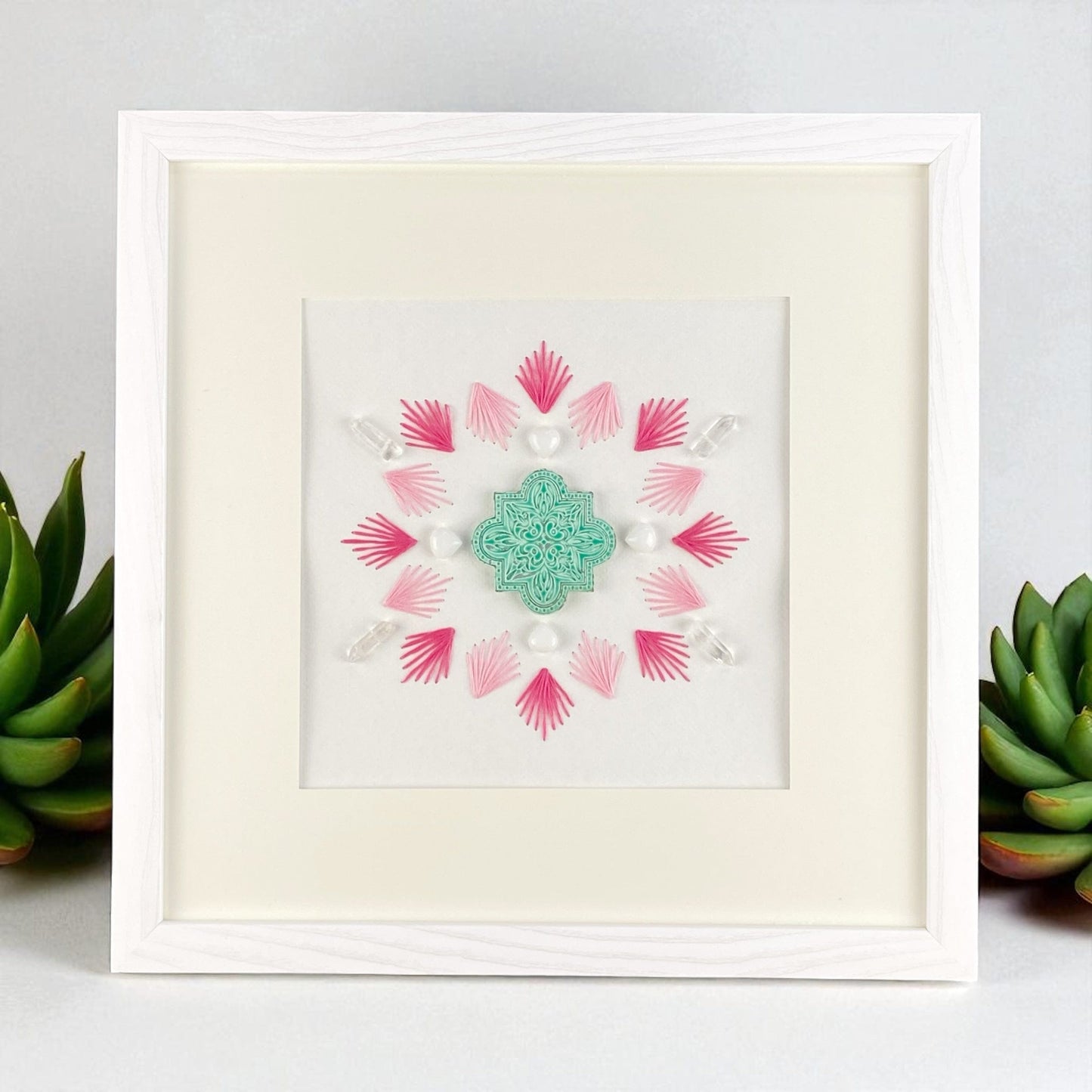 Framed Hand-Stitched Sacred Geometry Crystal Grid 13 x 13", Pink, Aqua & White