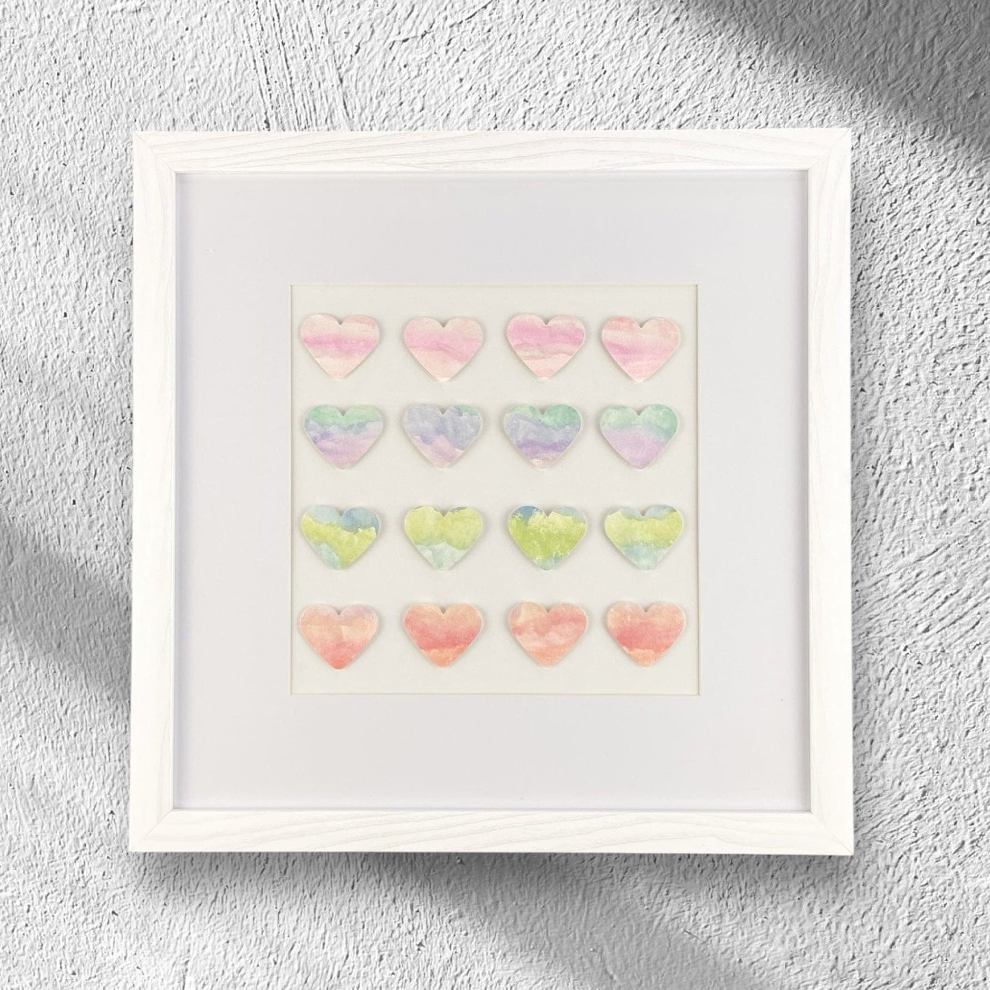 Watercolor Heart Wall Art – Framed Ombre Hearts Painting, 13x13 Pastel Decor