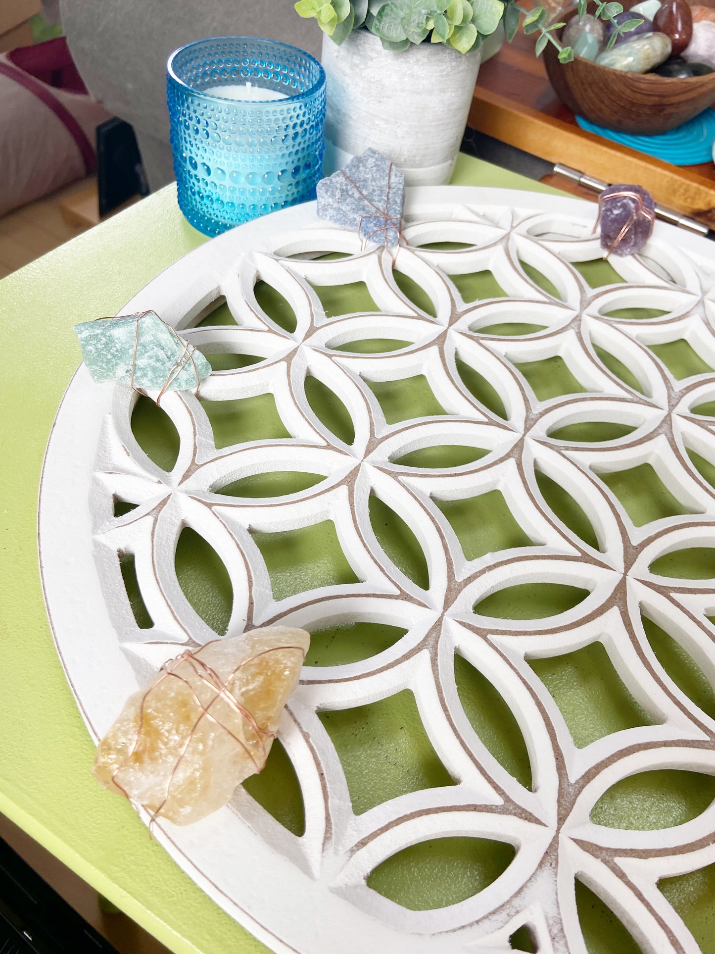 Sacred Geometry Wall Art - Wire-wrapped Raw Chakra Crystals - One of a Kind Crystal Grid