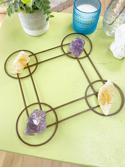 Sacred Geometry Metal Wall Art - Wire-wrapped Raw Amethyst Citrine Crystals - One of a Kind Crystal Grid 12"