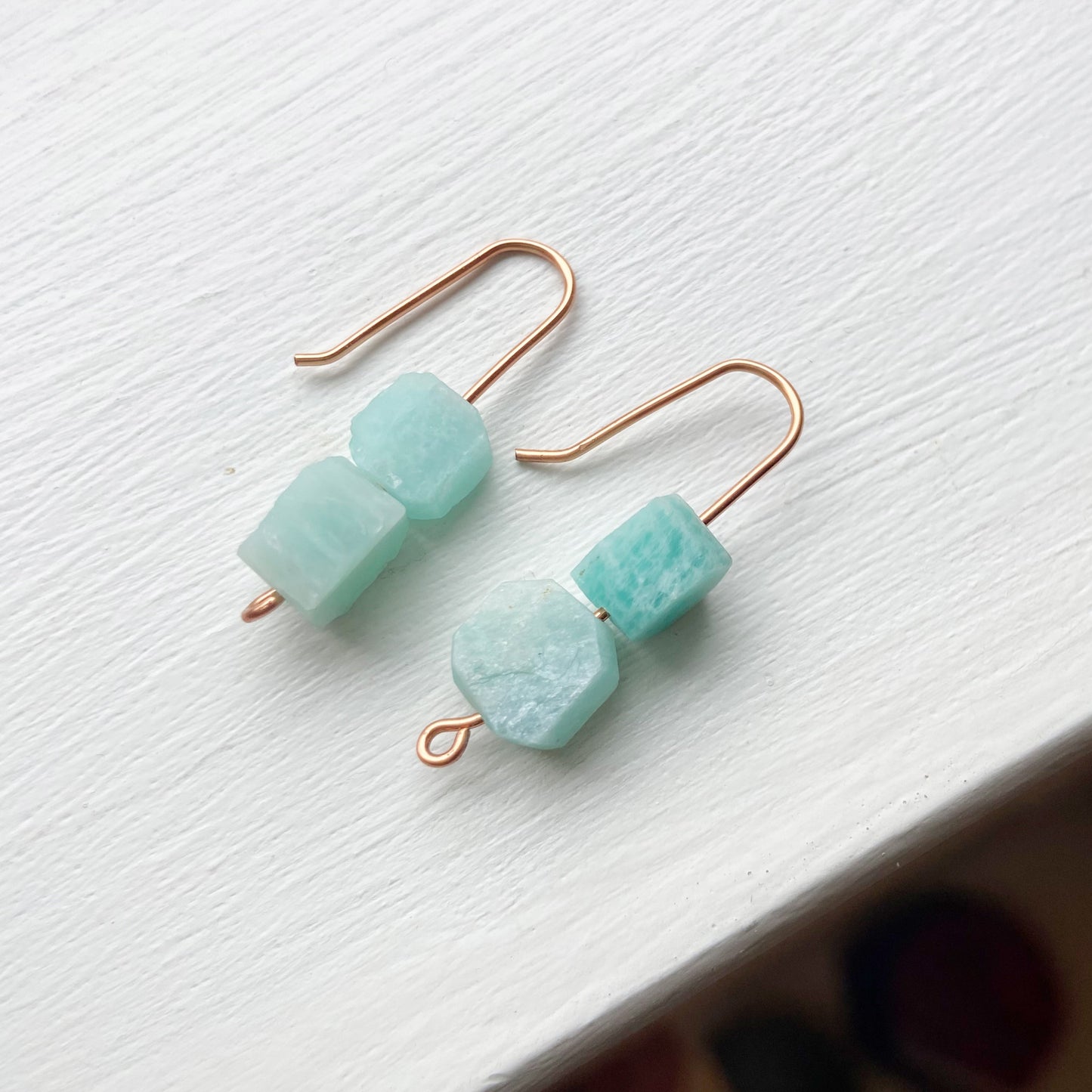 Raw Amazonite Copper Wire Dangle Drop Earrings - 1"