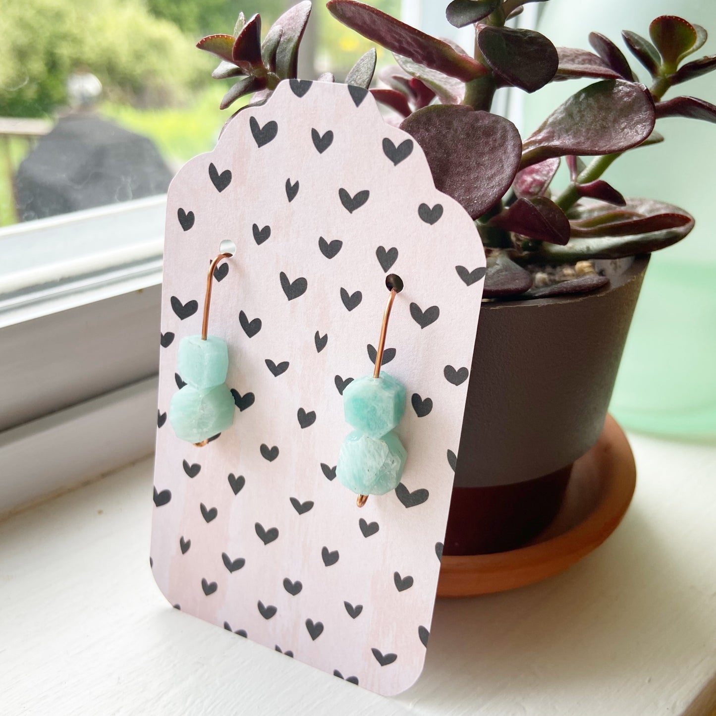 Raw Amazonite Copper Wire Dangle Drop Earrings - 1"