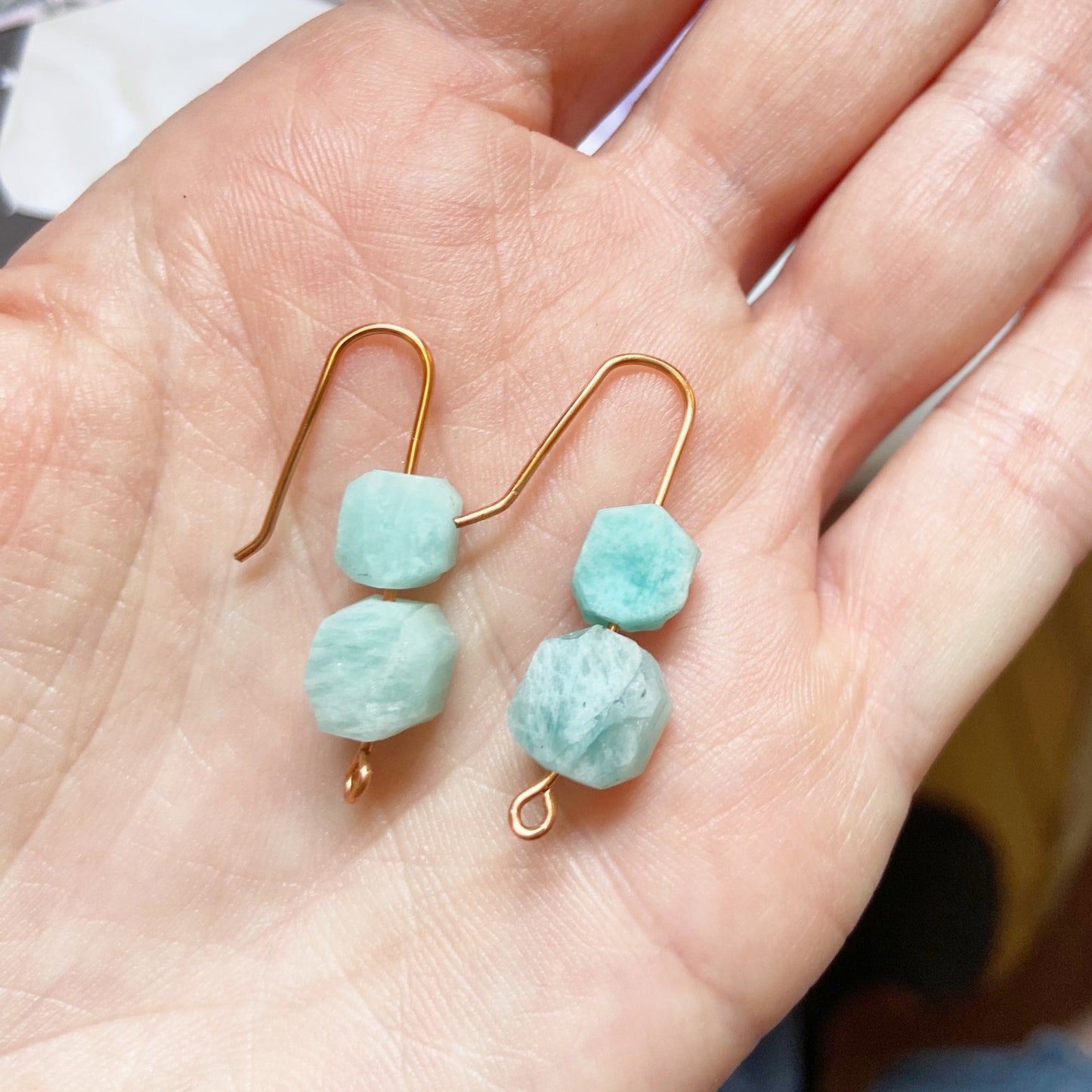 Raw Amazonite Copper Wire Dangle Drop Earrings - 1"