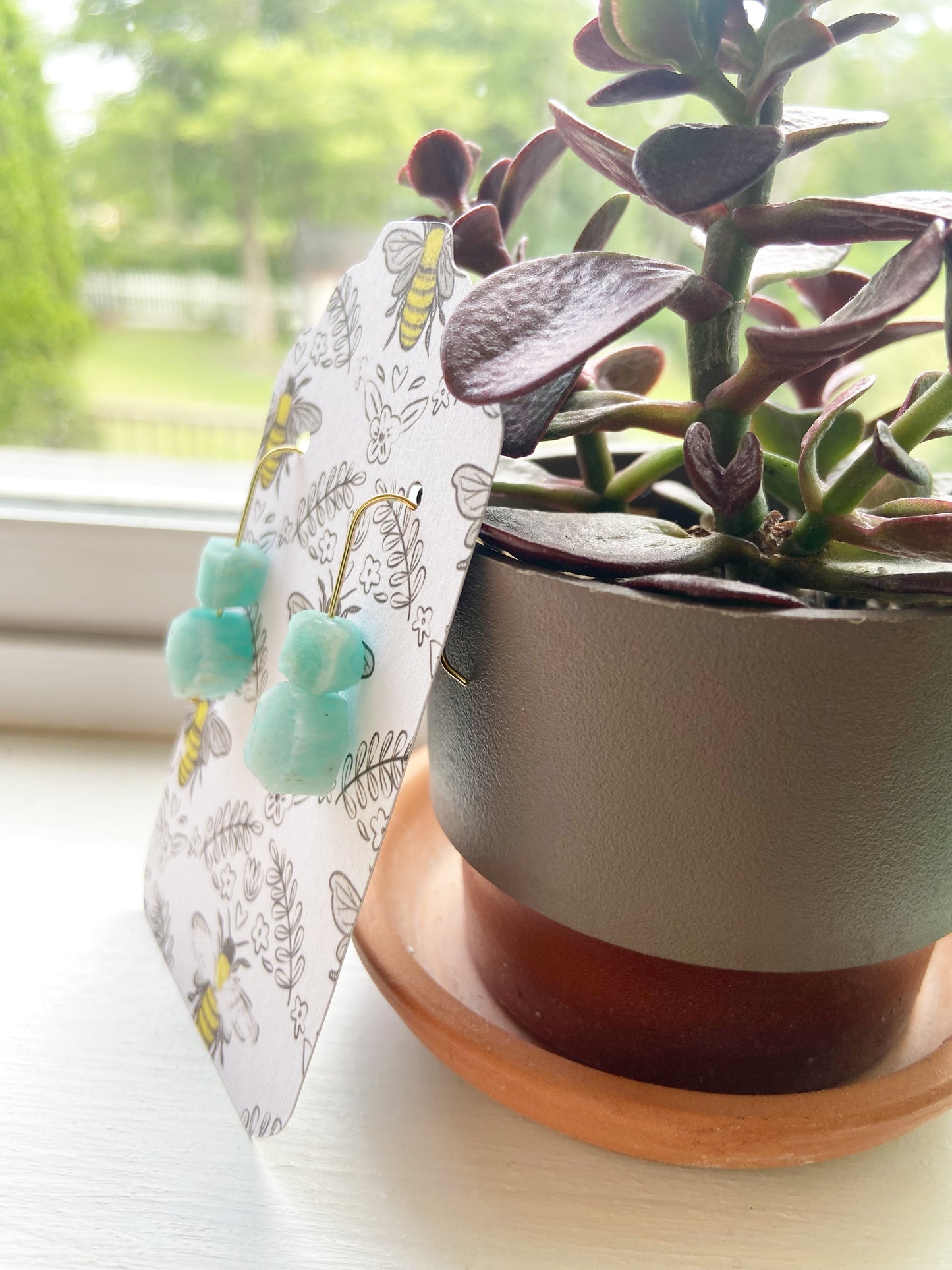 Raw Amazonite Gold Wire Dangle Drop Earrings - 1.25"