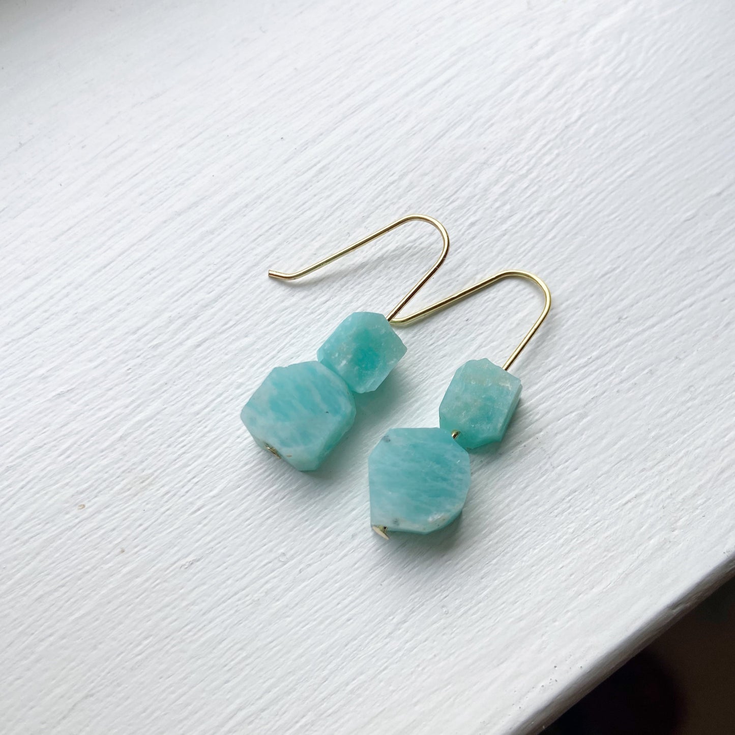 Raw Amazonite Gold Wire Dangle Drop Earrings - 1.25"