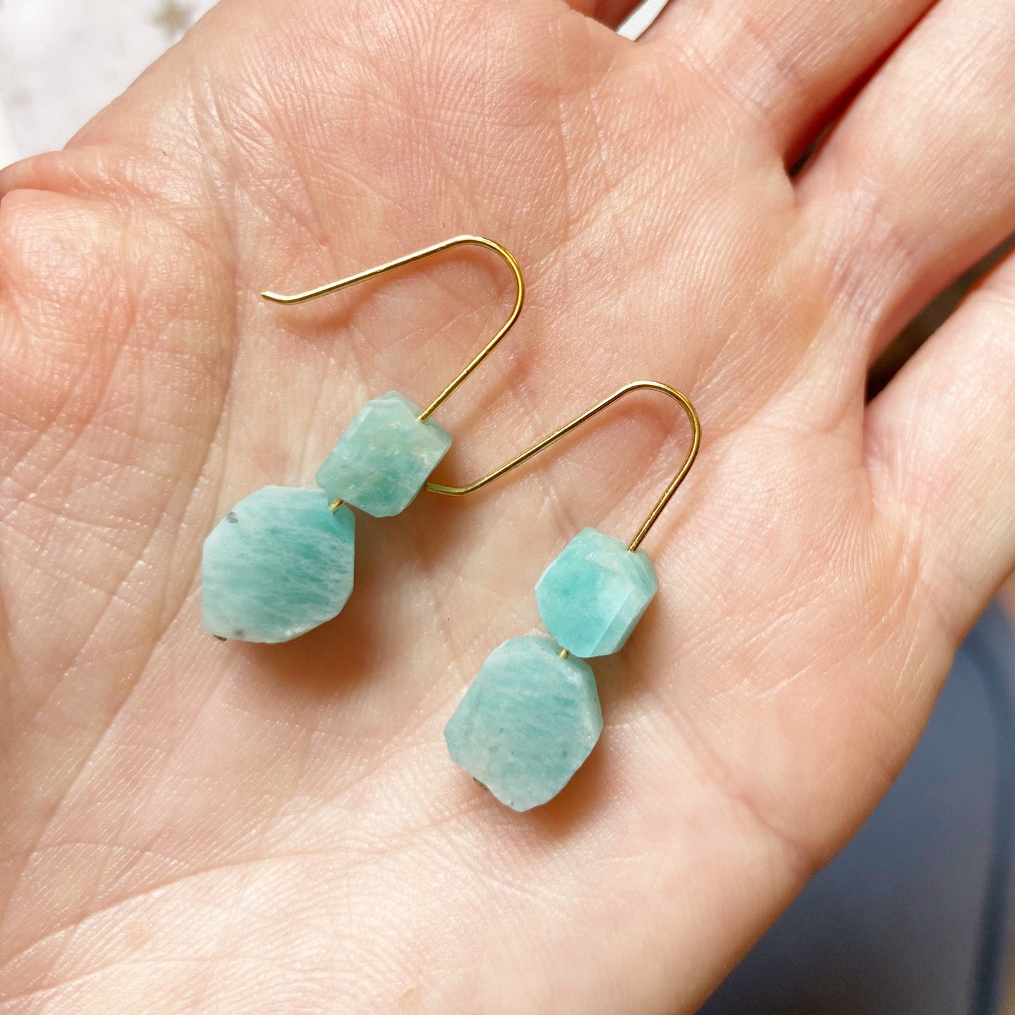 Raw Amazonite Gold Wire Dangle Drop Earrings - 1.25"
