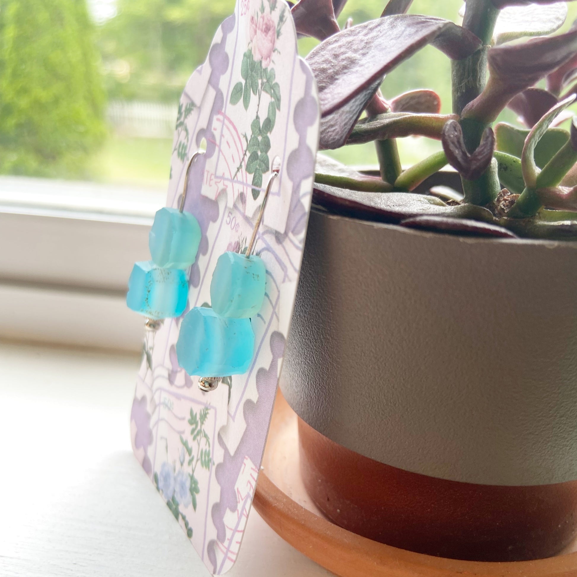 Blue earrings on a floral card with a potted plant in the background