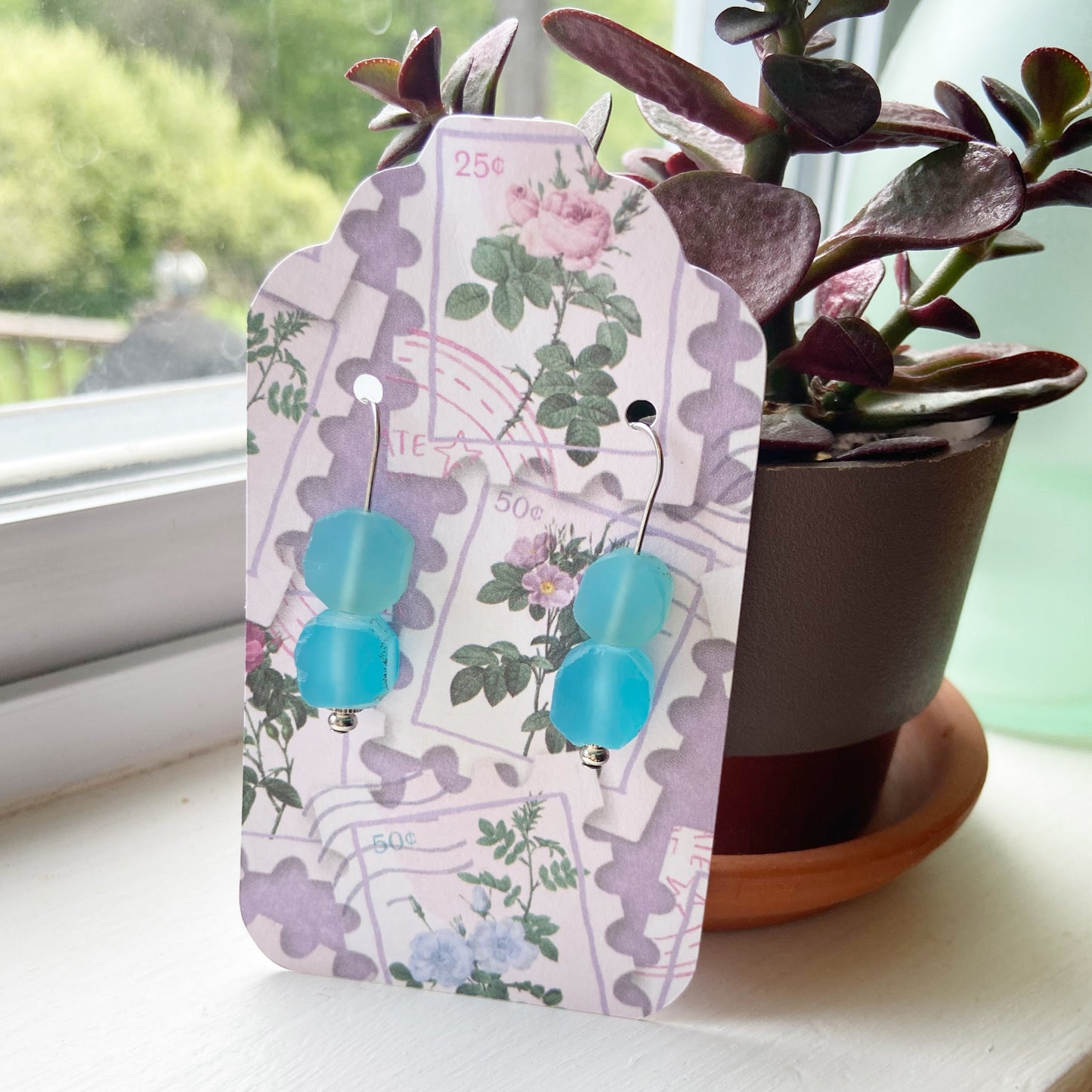 Raw Blue Chalcedony Silver Wire Dangle Drop Earrings - 1.25"