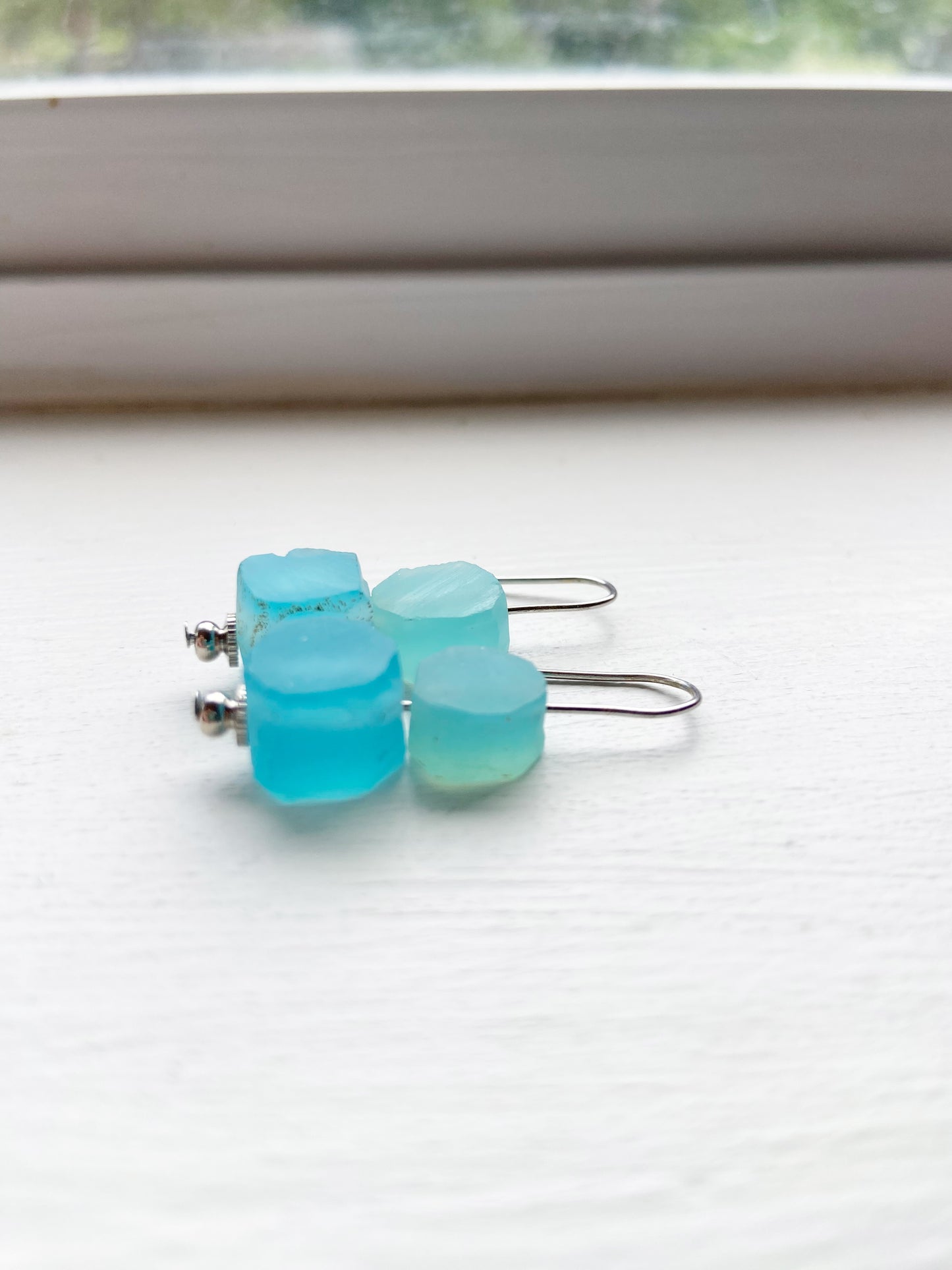 Raw Blue Chalcedony Silver Wire Dangle Drop Earrings - 1.25"