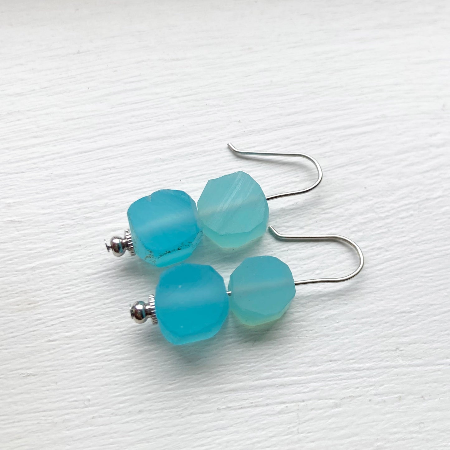 Raw Blue Chalcedony Silver Wire Dangle Drop Earrings - 1.25"