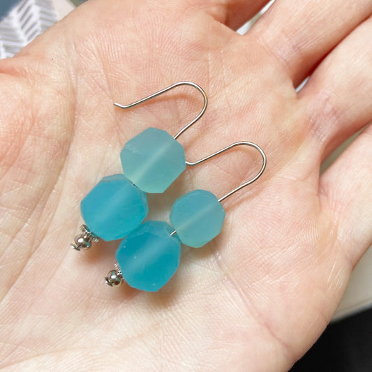 Raw Blue Chalcedony Silver Wire Dangle Drop Earrings - 1.25"
