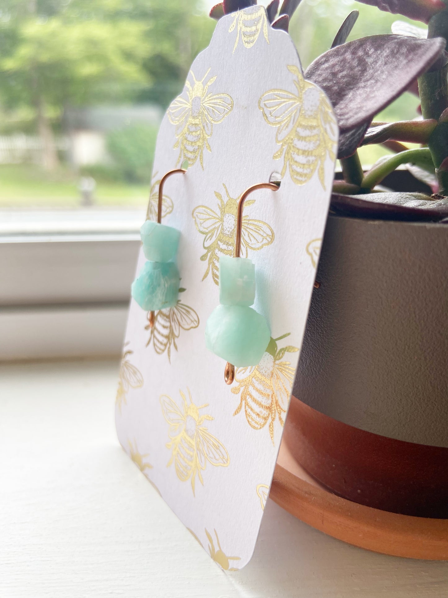 Raw Amazonite Copper Wire Dangle Drop Earrings - 1.25"