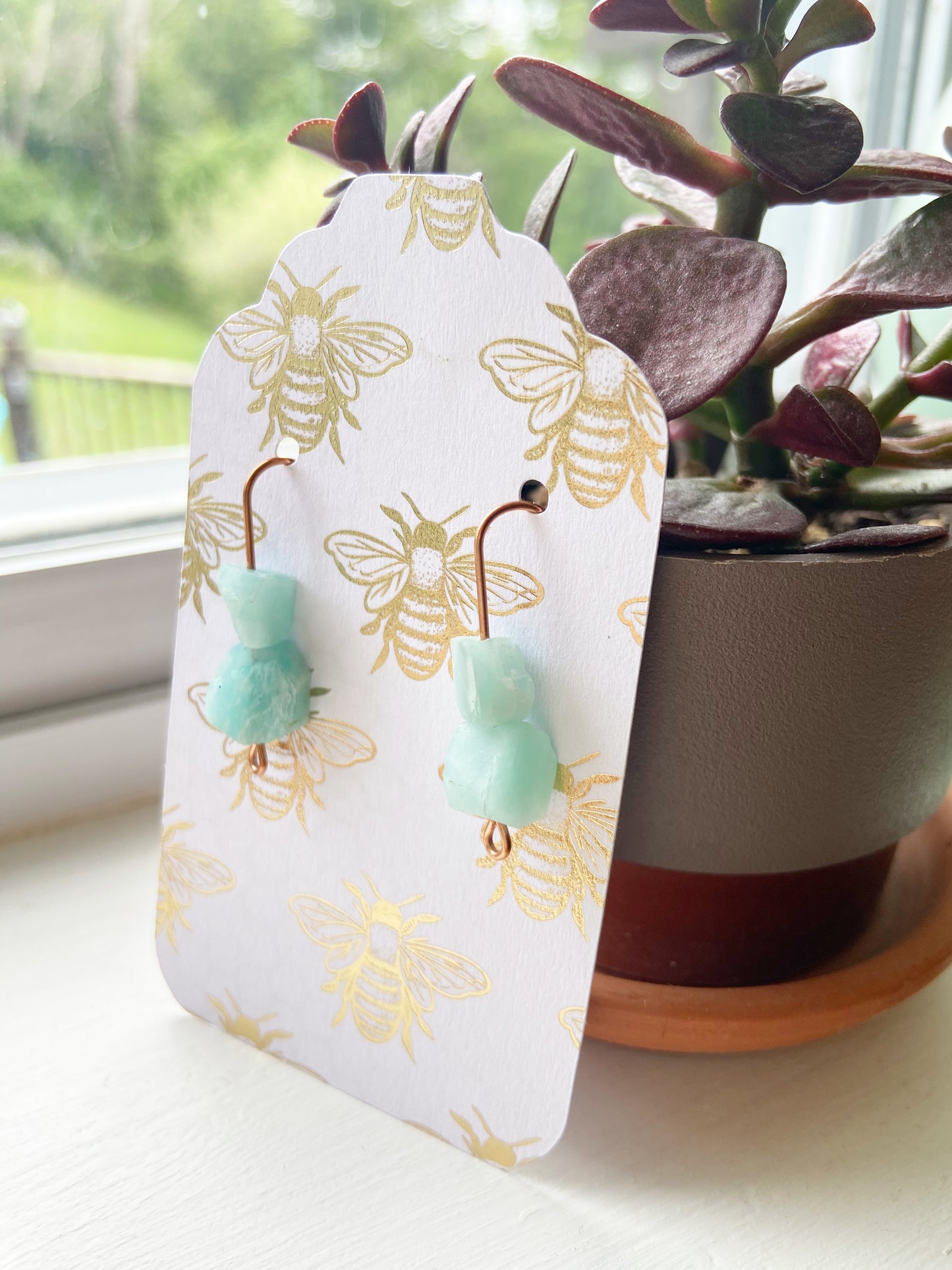 Raw Amazonite Copper Wire Dangle Drop Earrings - 1.25"