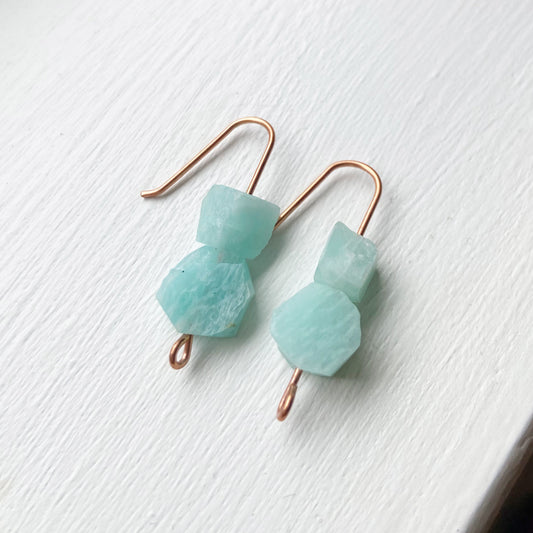 Raw Amazonite Copper Wire Dangle Drop Earrings - 1.25"