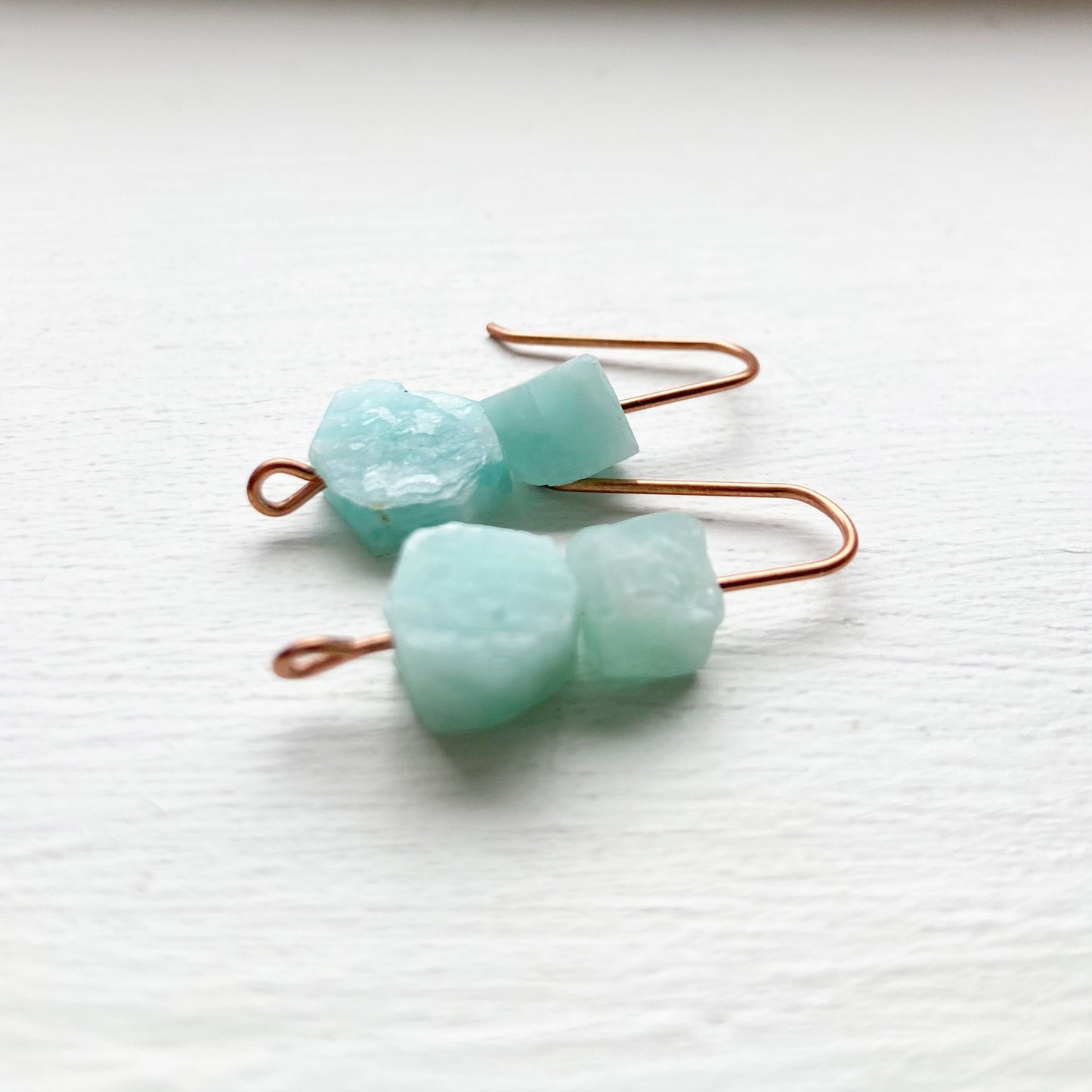 Raw Amazonite Copper Wire Dangle Drop Earrings - 1.25"