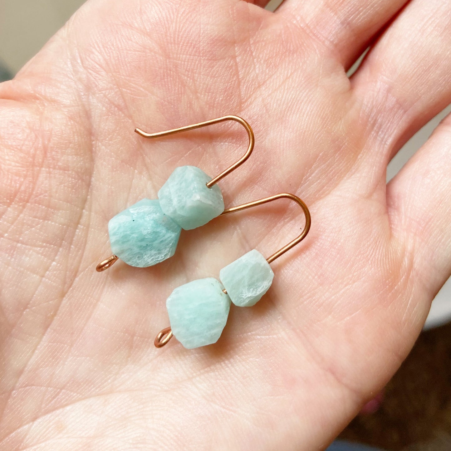 Raw Amazonite Copper Wire Dangle Drop Earrings - 1.25"
