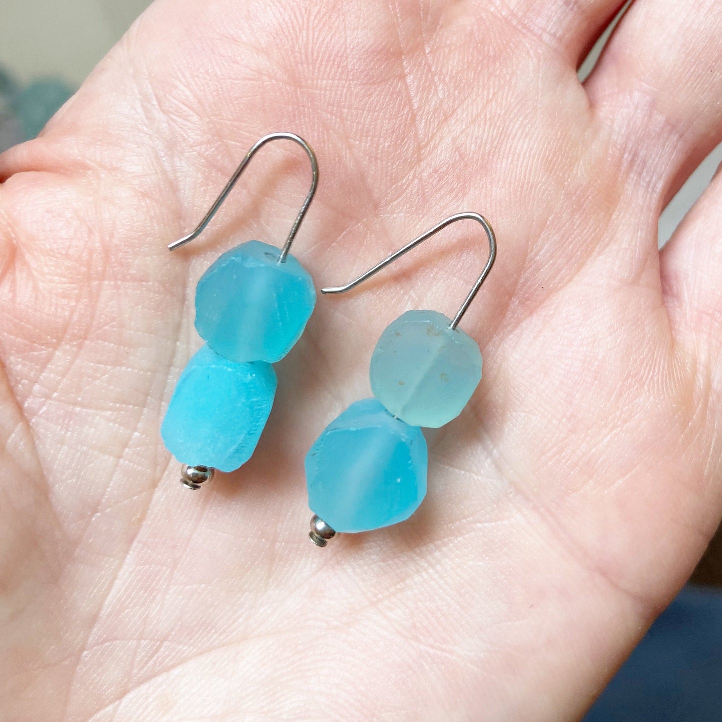 Raw Blue Chalcedony Silver Wire Dangle Drop Earrings - 1.25"