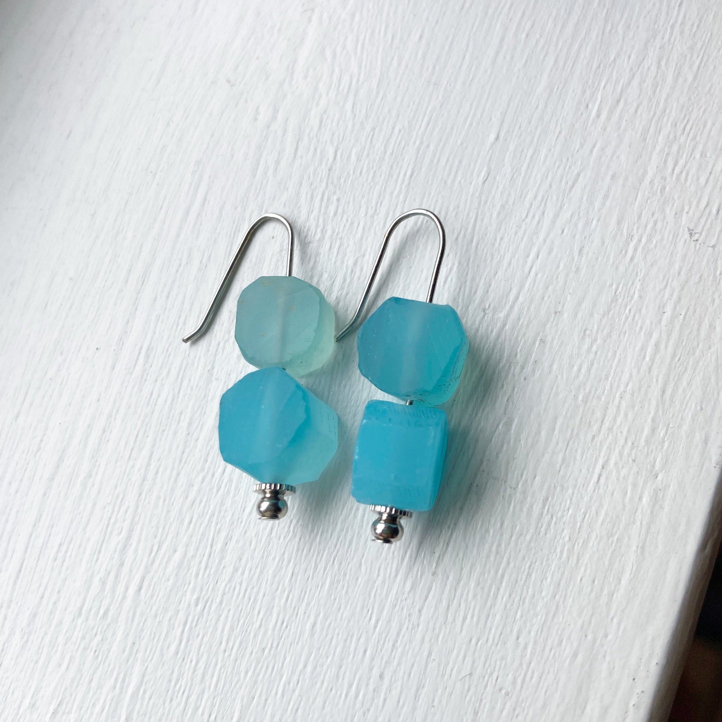 Raw Blue Chalcedony Silver Wire Dangle Drop Earrings - 1.25"