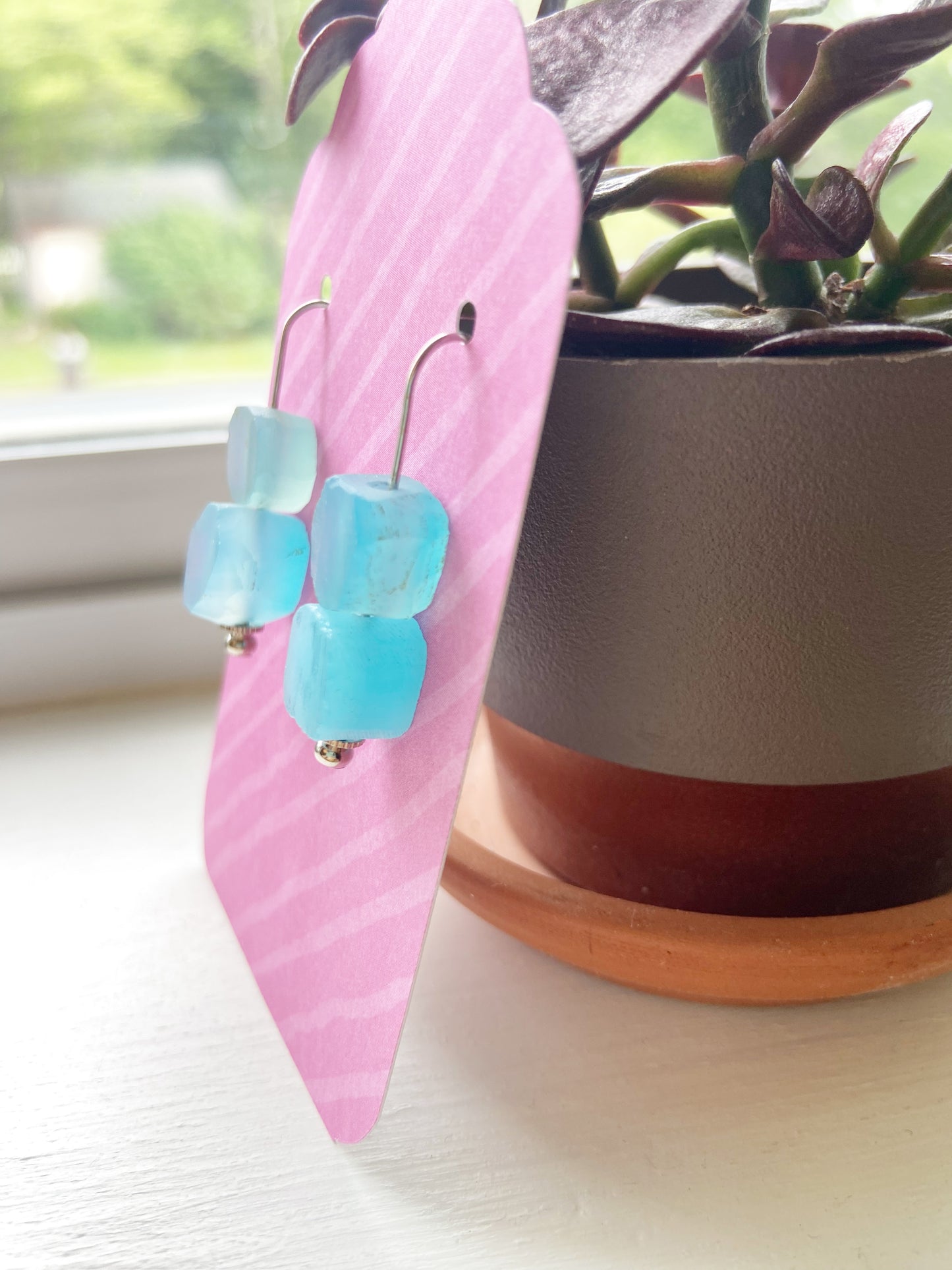 Raw Blue Chalcedony Silver Wire Dangle Drop Earrings - 1.25"
