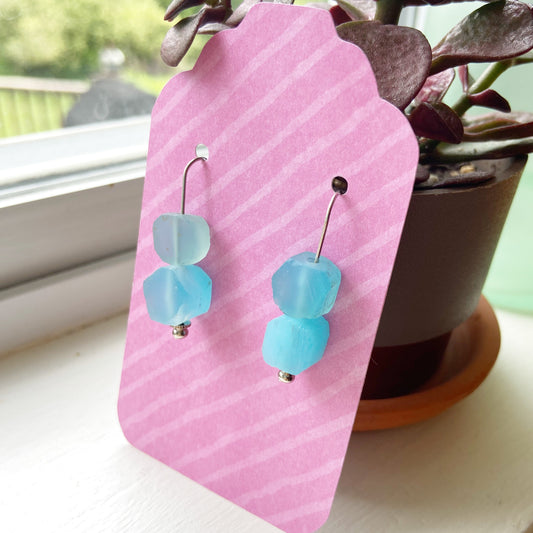 Raw Blue Chalcedony Silver Wire Dangle Drop Earrings - 1.25"