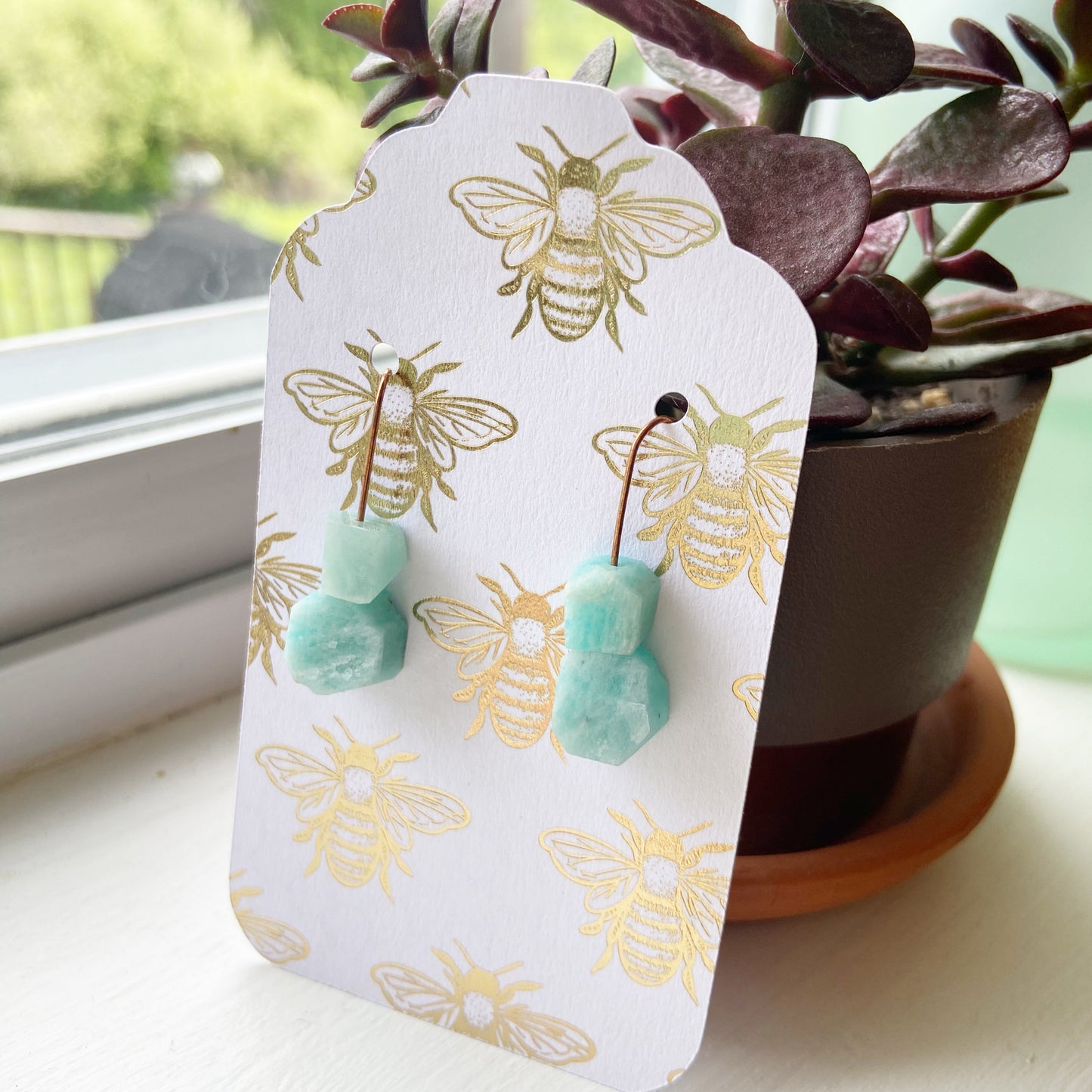 Raw Amazonite Copper Wire Dangle Drop Earrings - 1.25"