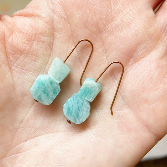 Raw Amazonite Copper Wire Dangle Drop Earrings - 1.25"