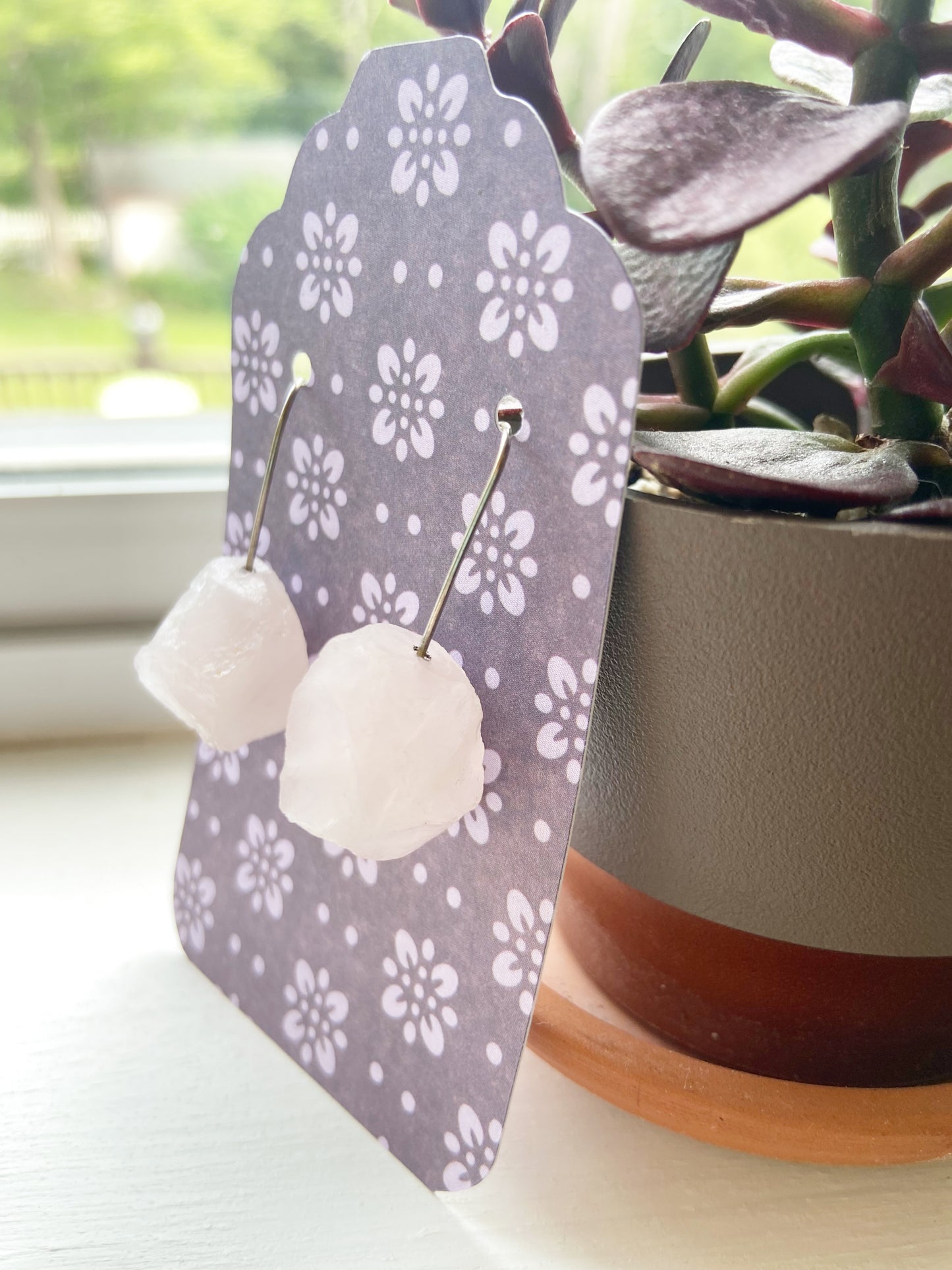 Raw Rose Quartz Silver Wire Dangle Drop Earrings - 1.25"