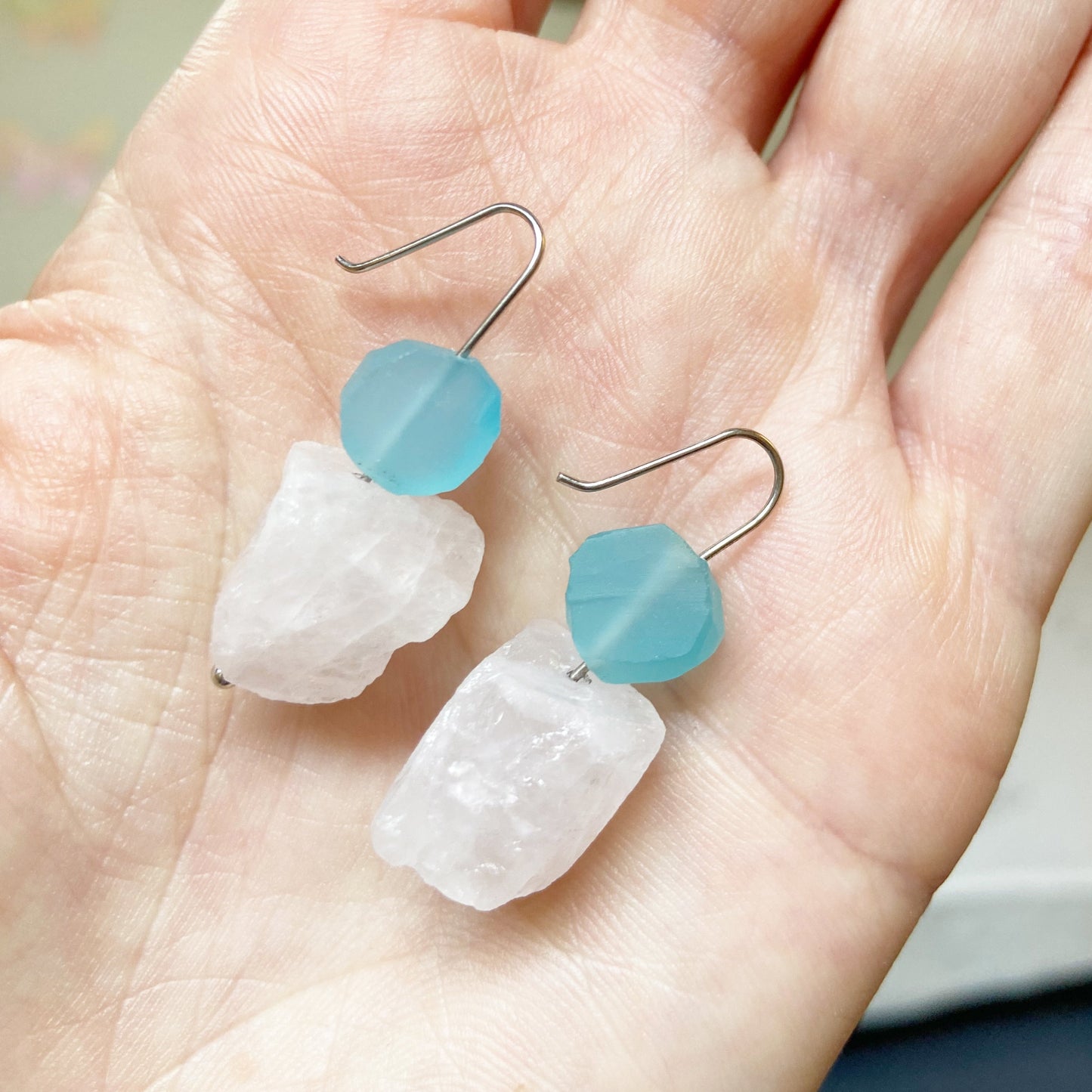 Raw Rose Quartz Blue Chalcedony Silver Wire Dangle Drop Earrings - 1.25"