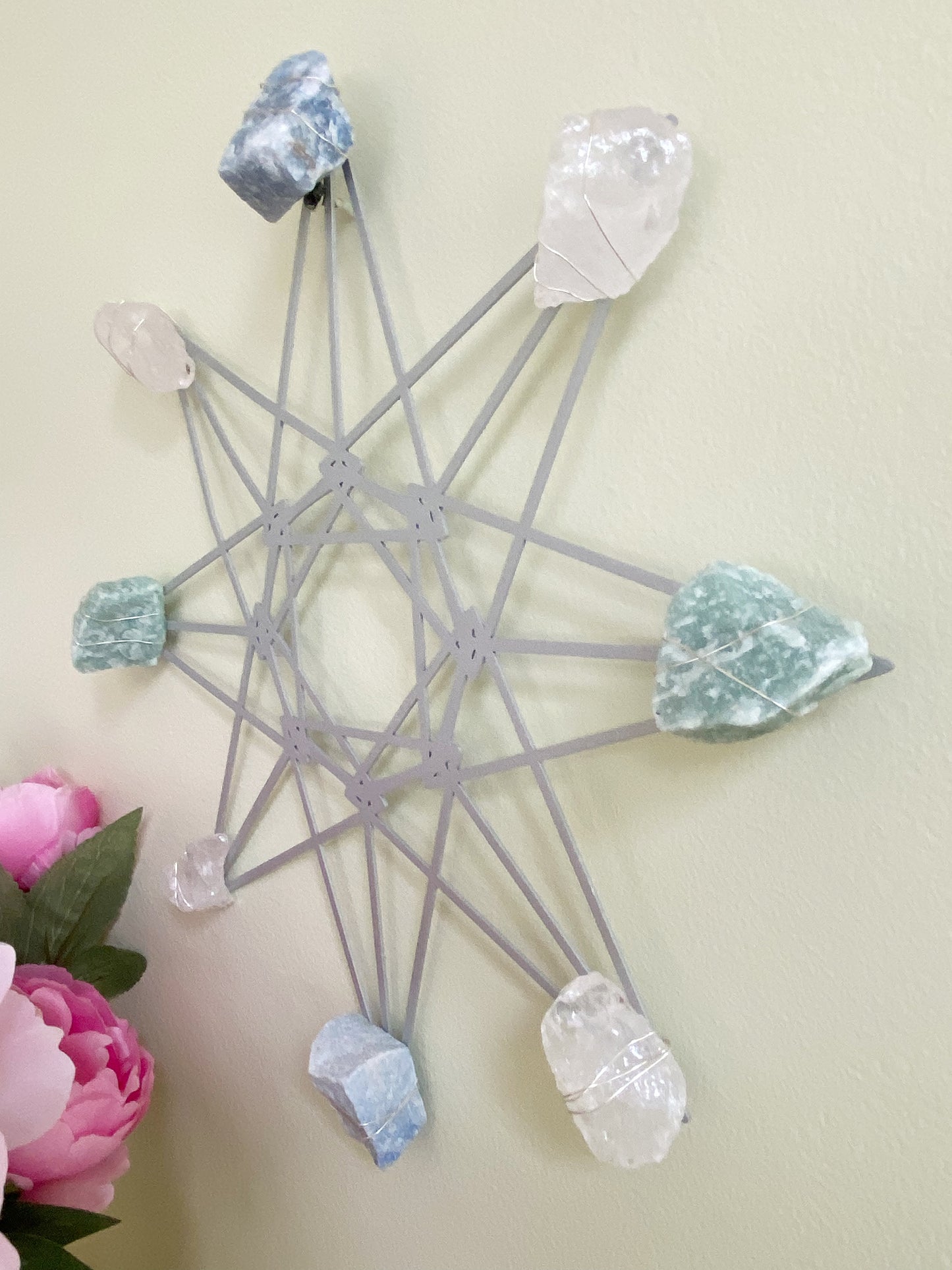 Quartz Aventurine Sacred Geometry Wall Art - Wire-wrapped Raw Crystal Grid 12"