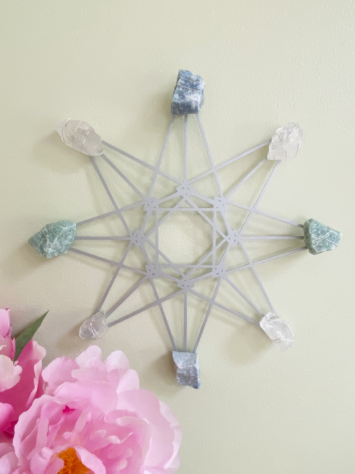 Quartz Aventurine Sacred Geometry Wall Art - Wire-wrapped Raw Crystal Grid 12"