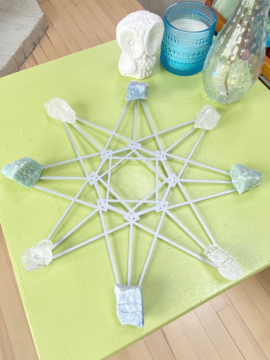 Quartz Aventurine Sacred Geometry Wall Art - Wire-wrapped Raw Crystal Grid 12"