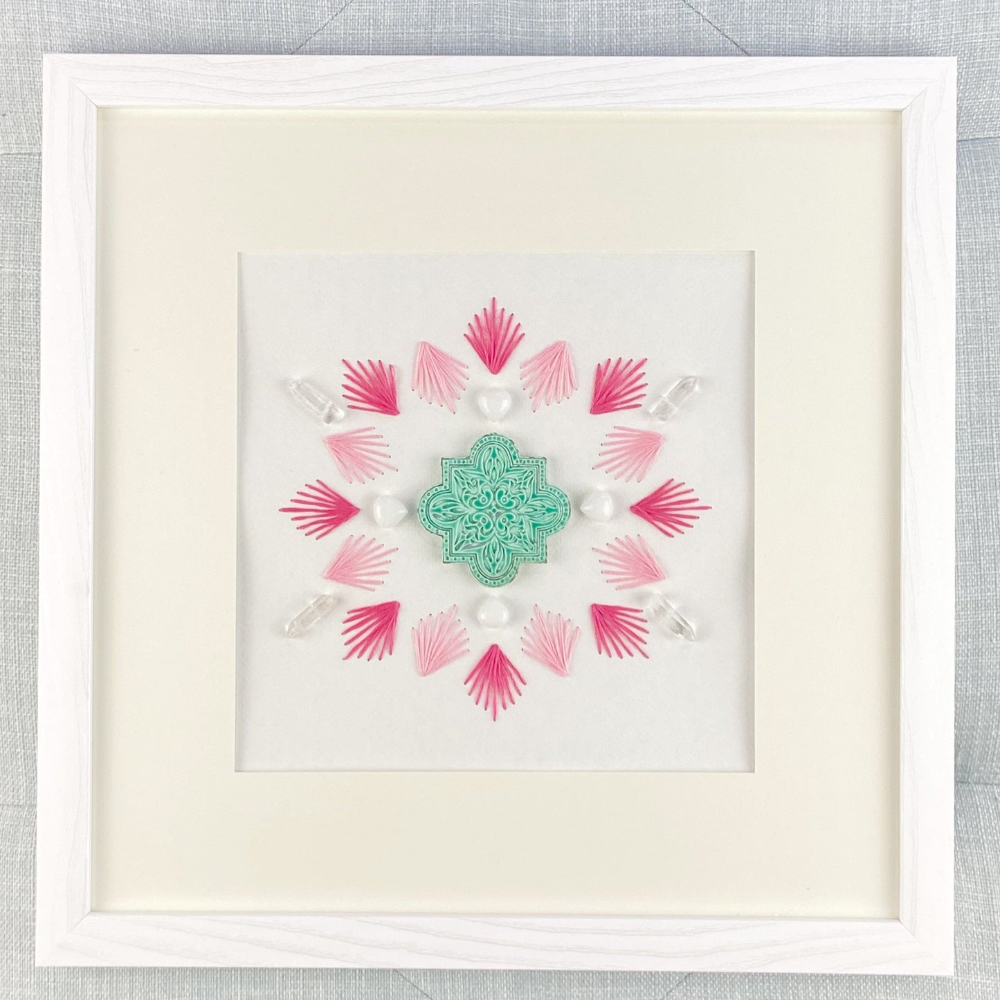 Framed Hand-Stitched Sacred Geometry Crystal Grid 13 x 13", Pink, Aqua & White