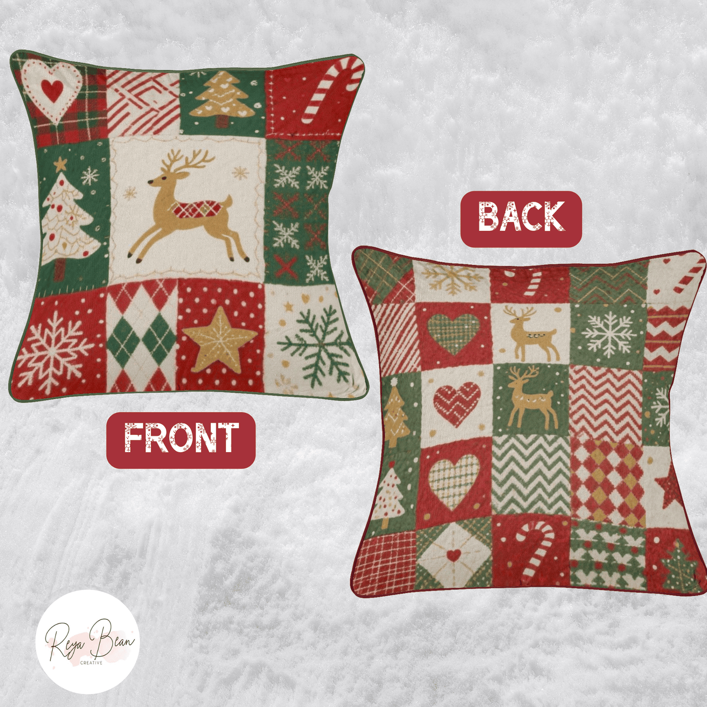Christmas Throw Pillow – Festive Cotton Blend Patchwork Cushion with Reindeer & Candy Cane Design