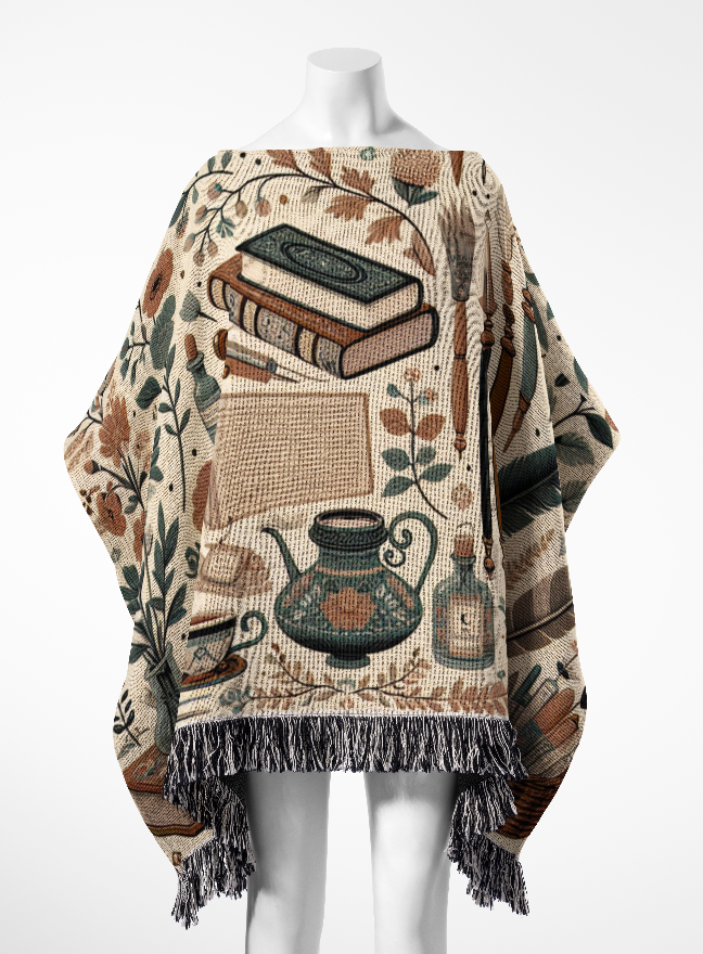 Bookish Academia Motif Woven Cotton Poncho, 50" x 60"