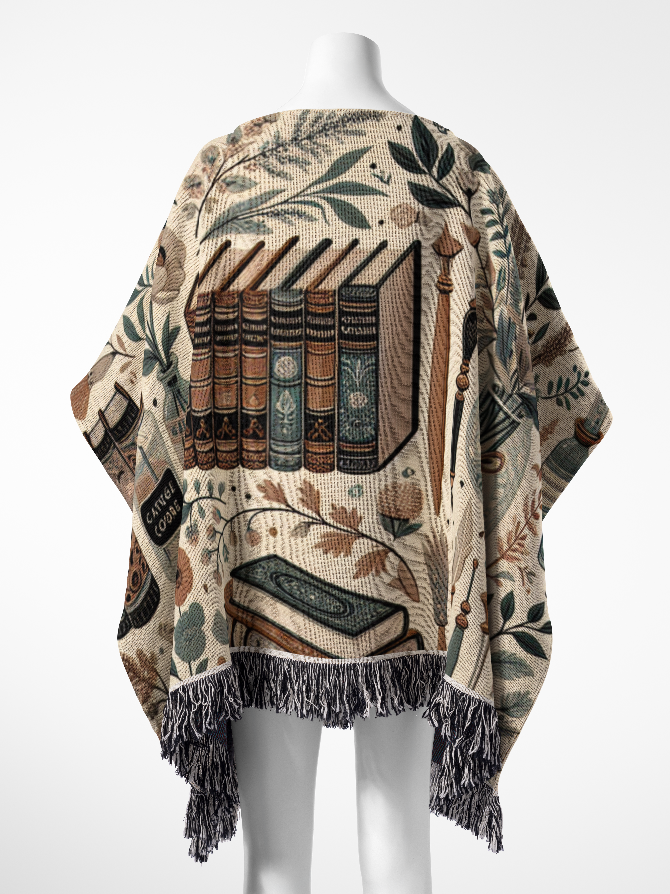 Bookish Academia Motif Woven Cotton Poncho, 50" x 60"