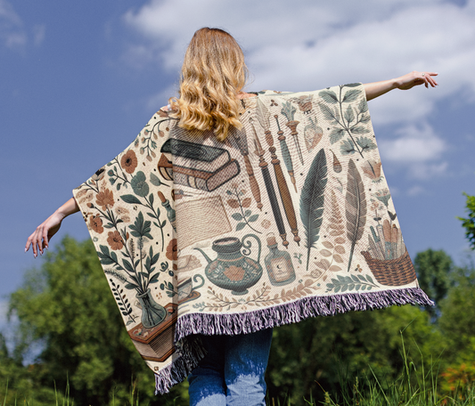 Bookish Academia Motif Woven Cotton Poncho, 50" x 60"