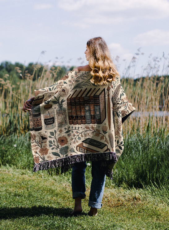 Bookish Academia Motif Woven Cotton Poncho, 50" x 60"