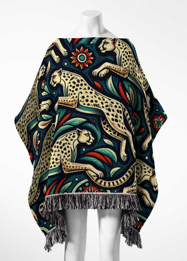 Cheetah Motif Woven Cotton Poncho, 50" x 60"