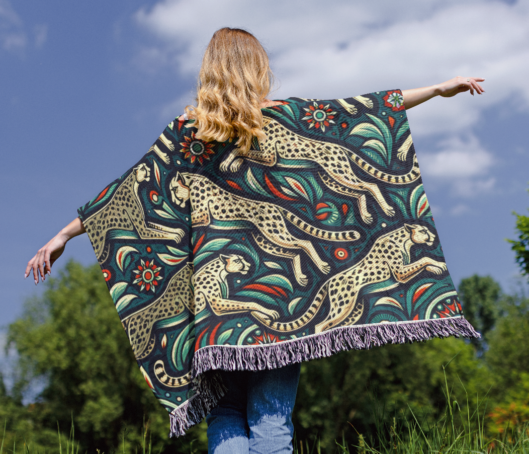 Cheetah Motif Woven Cotton Poncho, 50" x 60"