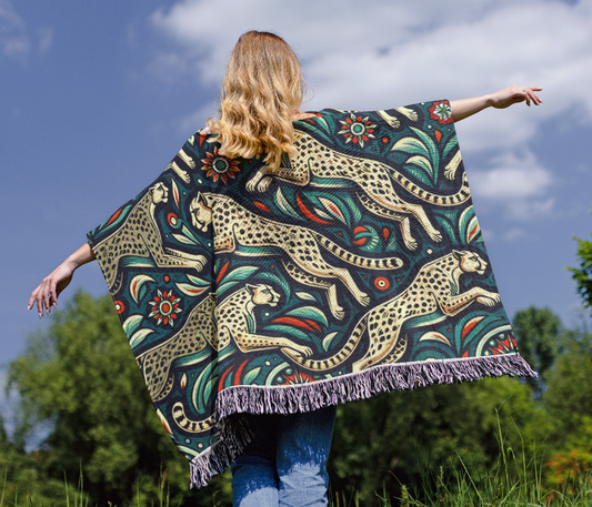 Cheetah Motif Woven Cotton Poncho, 50" x 60"