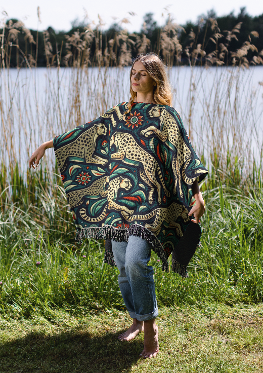 Cheetah Motif Woven Cotton Poncho, 50" x 60"