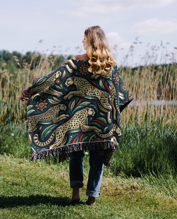 Cheetah Motif Woven Cotton Poncho, 50" x 60"